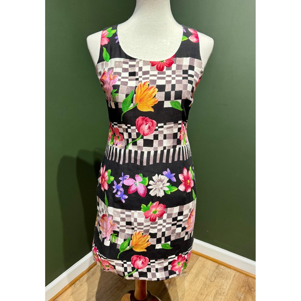Vintage Jessica Howard Black Floral Checkerboard Sheath Dress Women's 2P